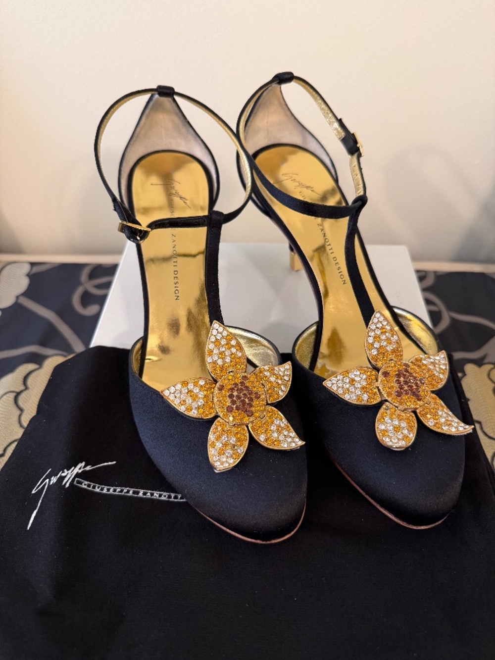 Giuseppe Zanotti Black Satin Crystal Flower Heels – Size 39.5 / US 9.5